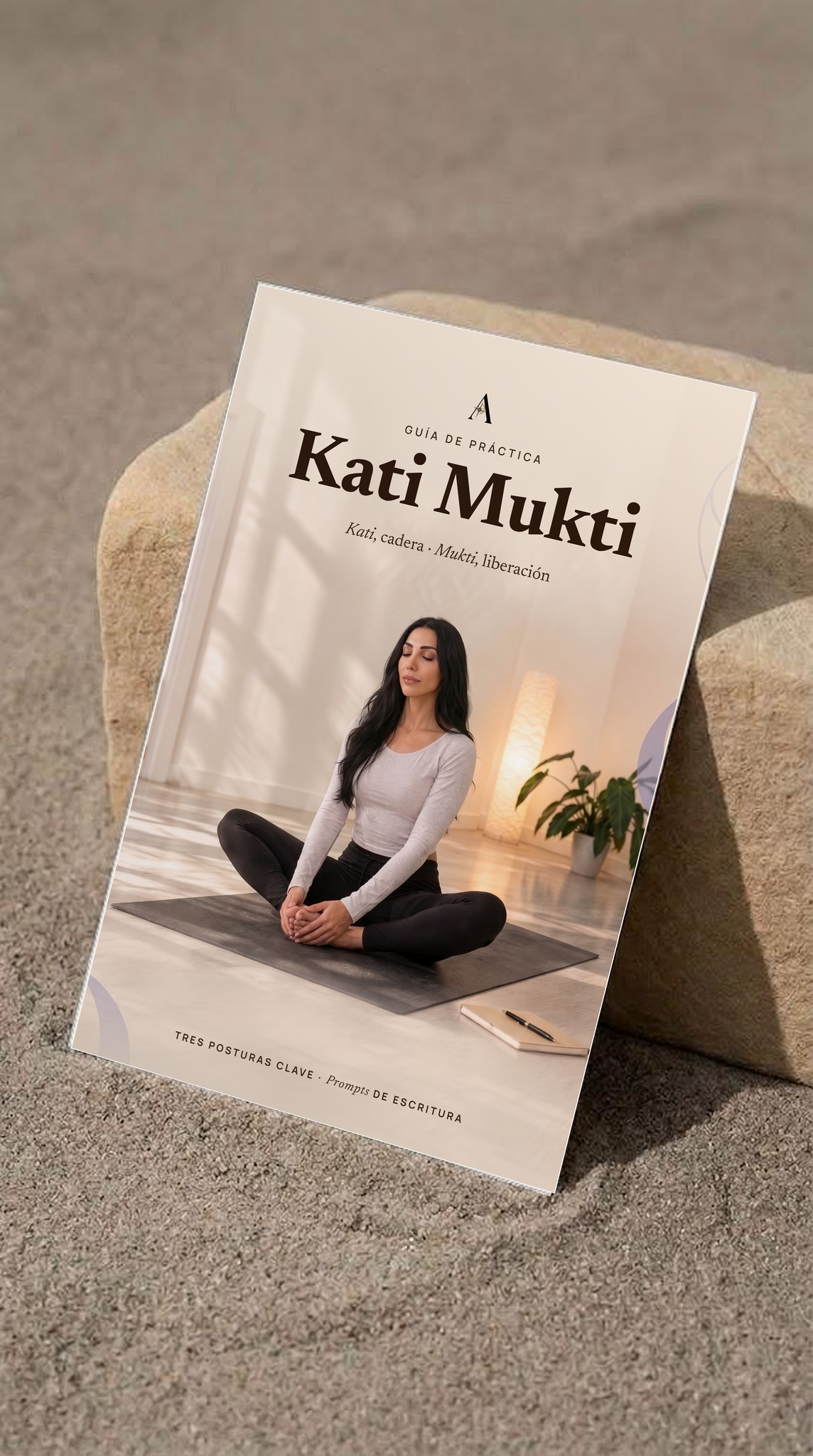 Maqueta de la guía impresa Kati Mukti apoyada sobre una piedra en la arena
